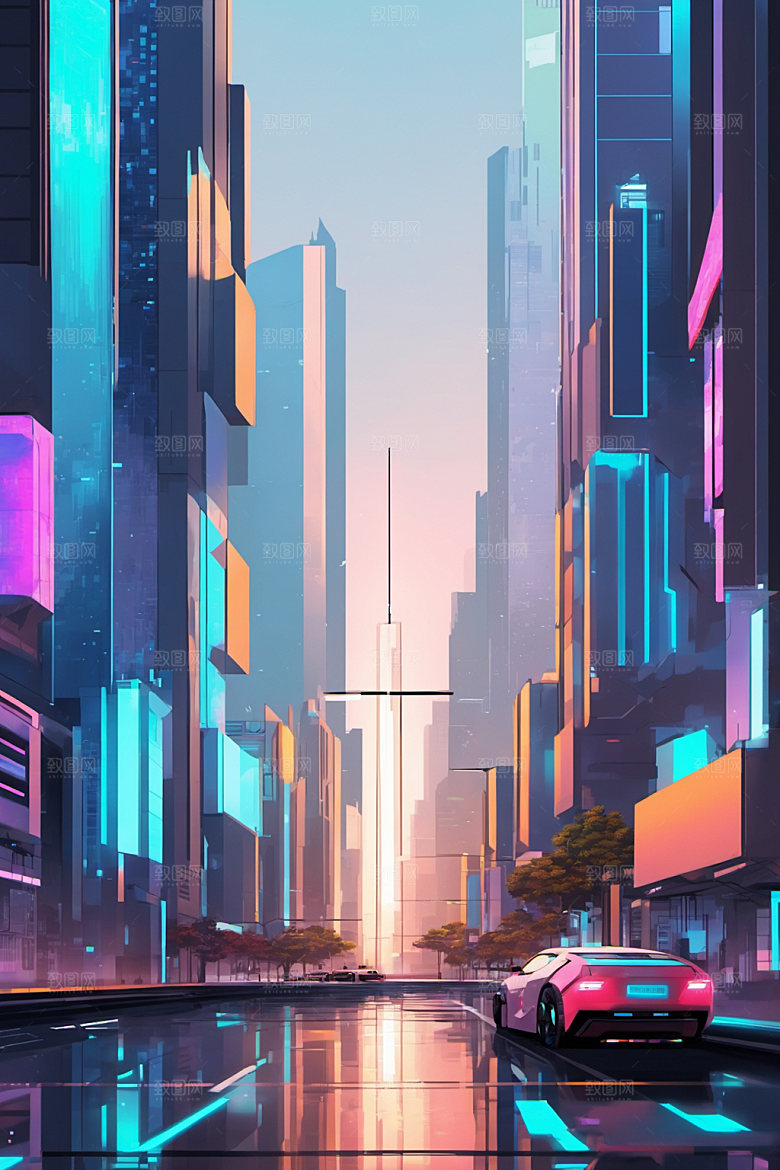 赛博朋克城市建筑立体插画