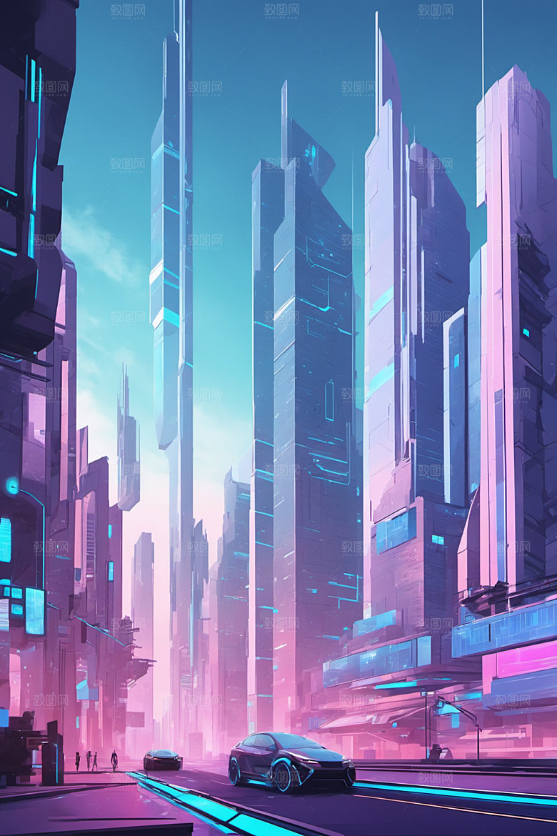 赛博朋克城市建筑几何插画