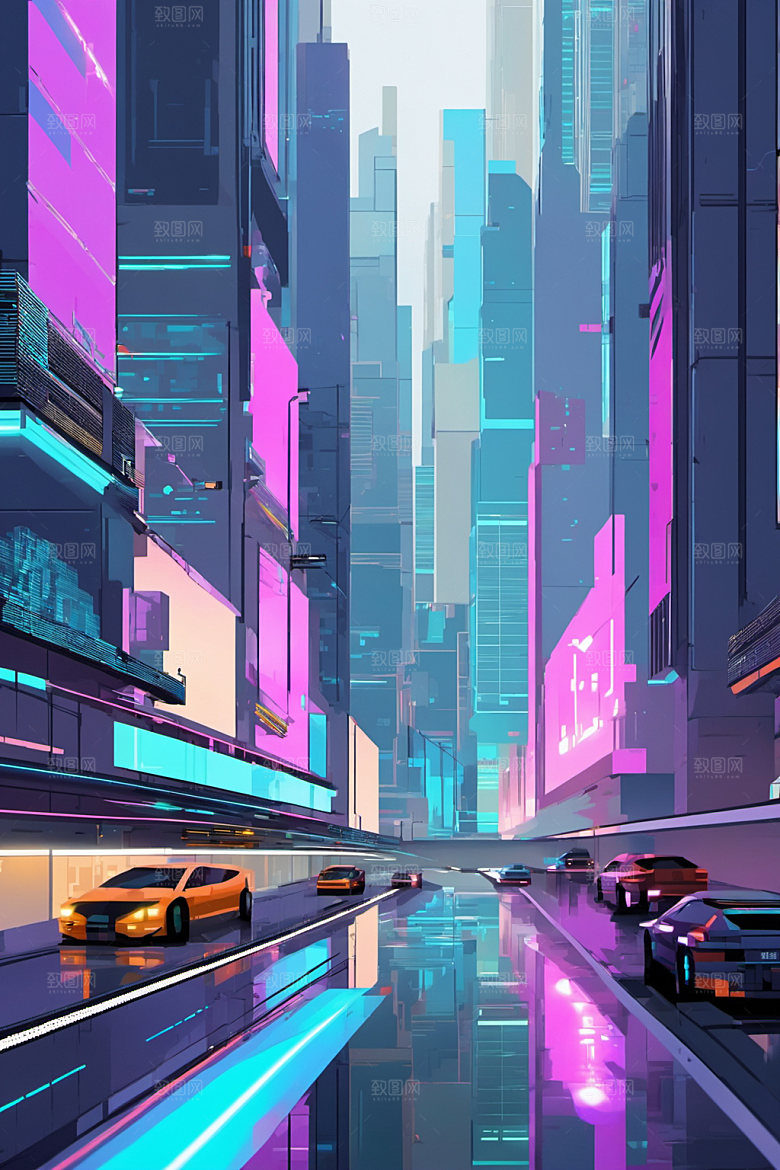 赛博朋克城市科技几何插画