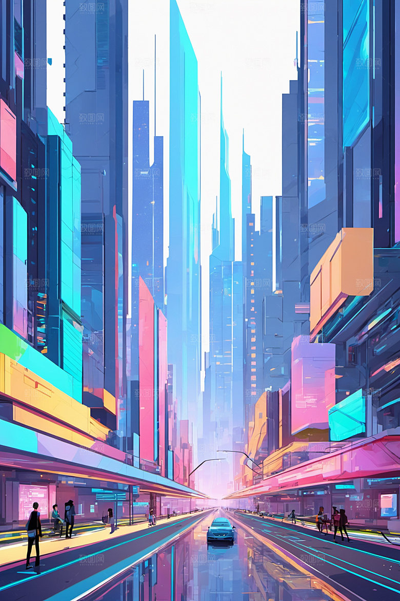赛博朋克城市建筑艺术插画