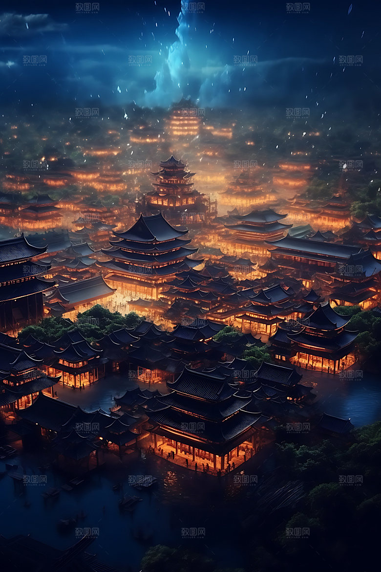古风建筑古城夜景原画