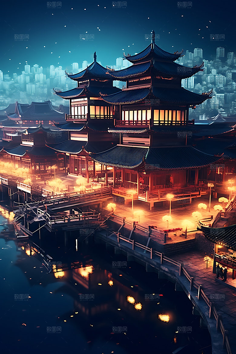 古风建筑场景赛博朋克原画