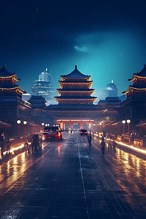古风建筑夜景中国风原画
