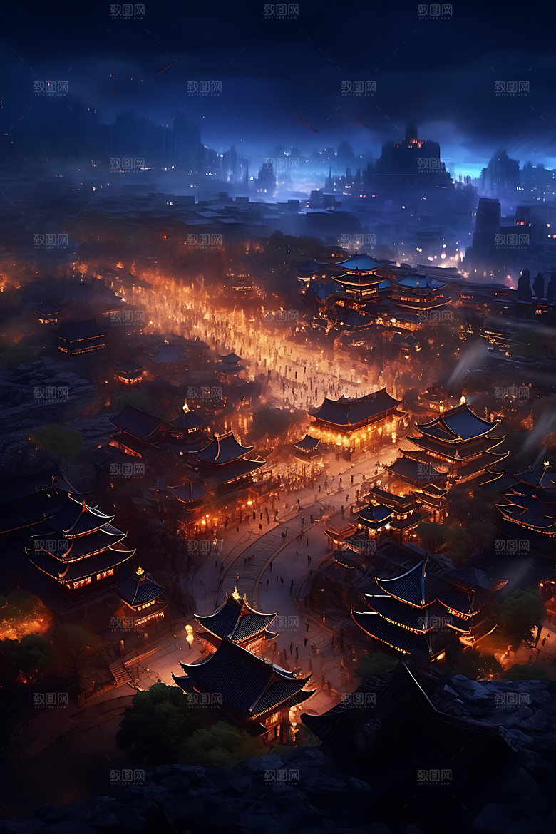古风建筑古城场景原画