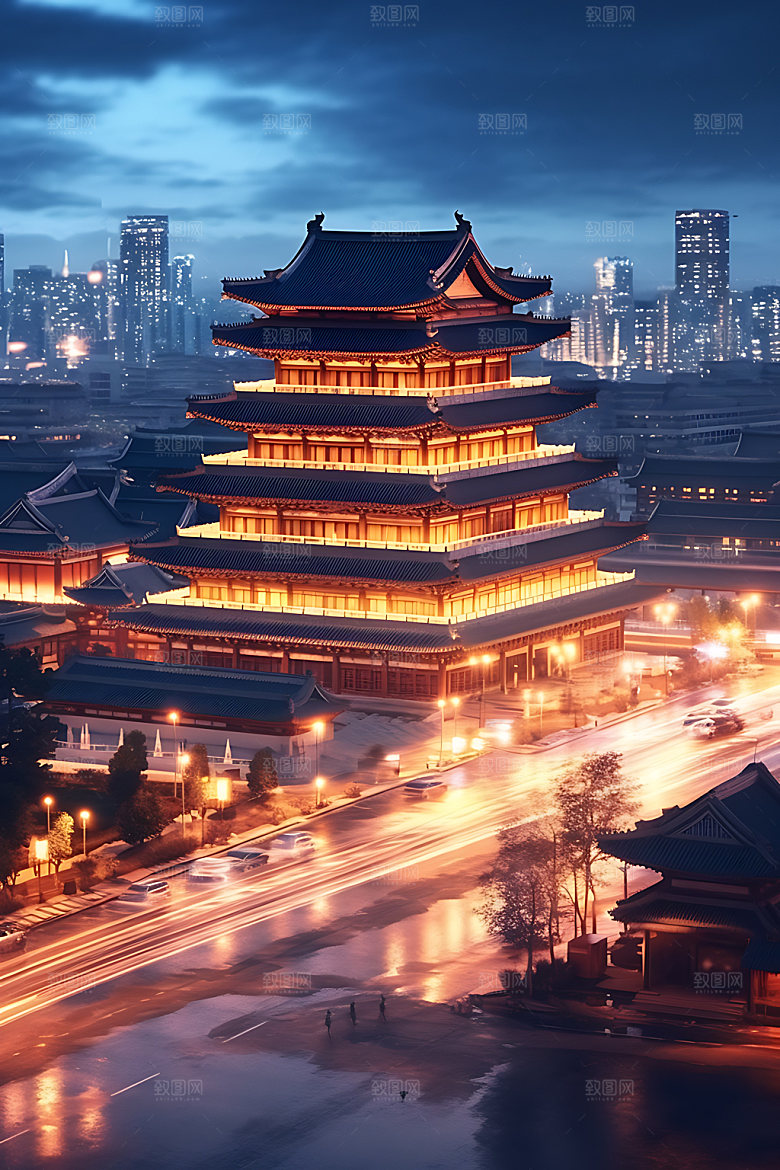 古风建筑赛博朋克夜景原画