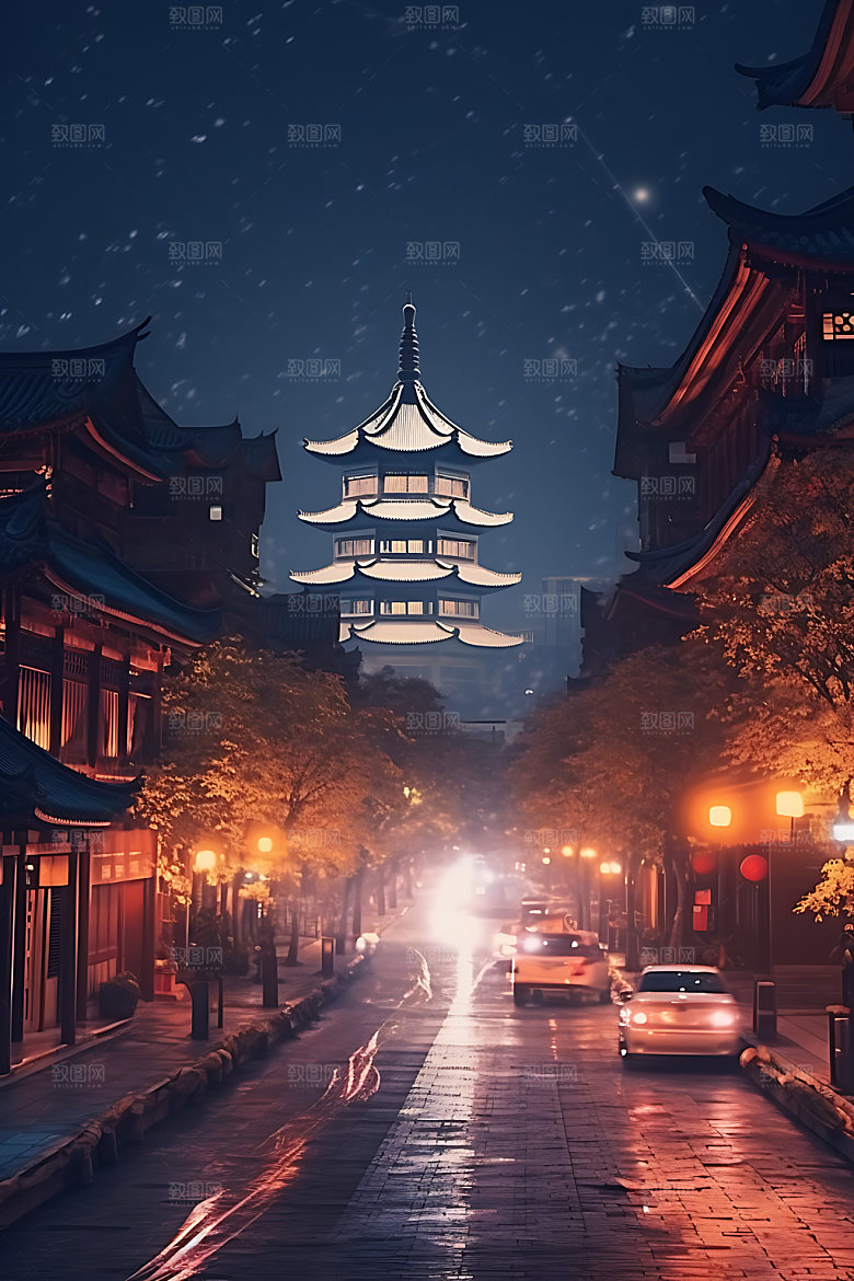 古风建筑赛博朋克场景原画