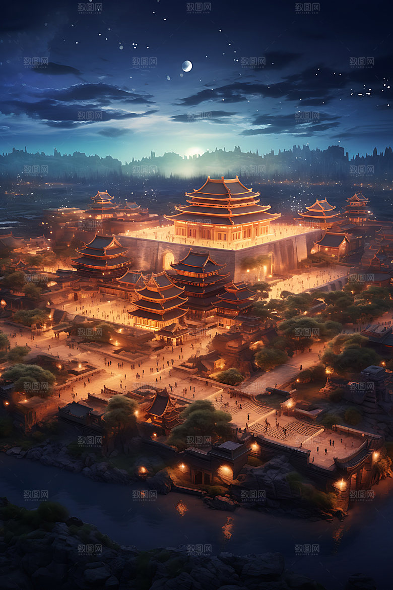 古风建筑不夜城场景原画