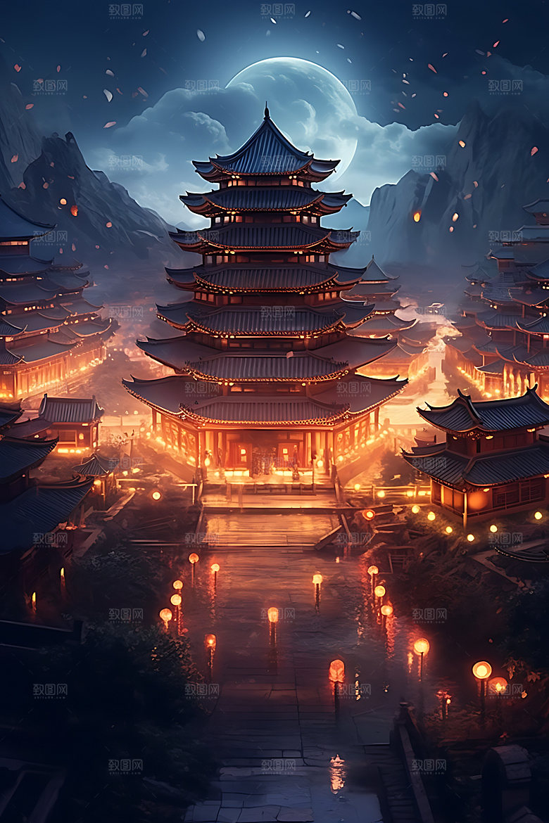 古风建筑不夜城游戏原画