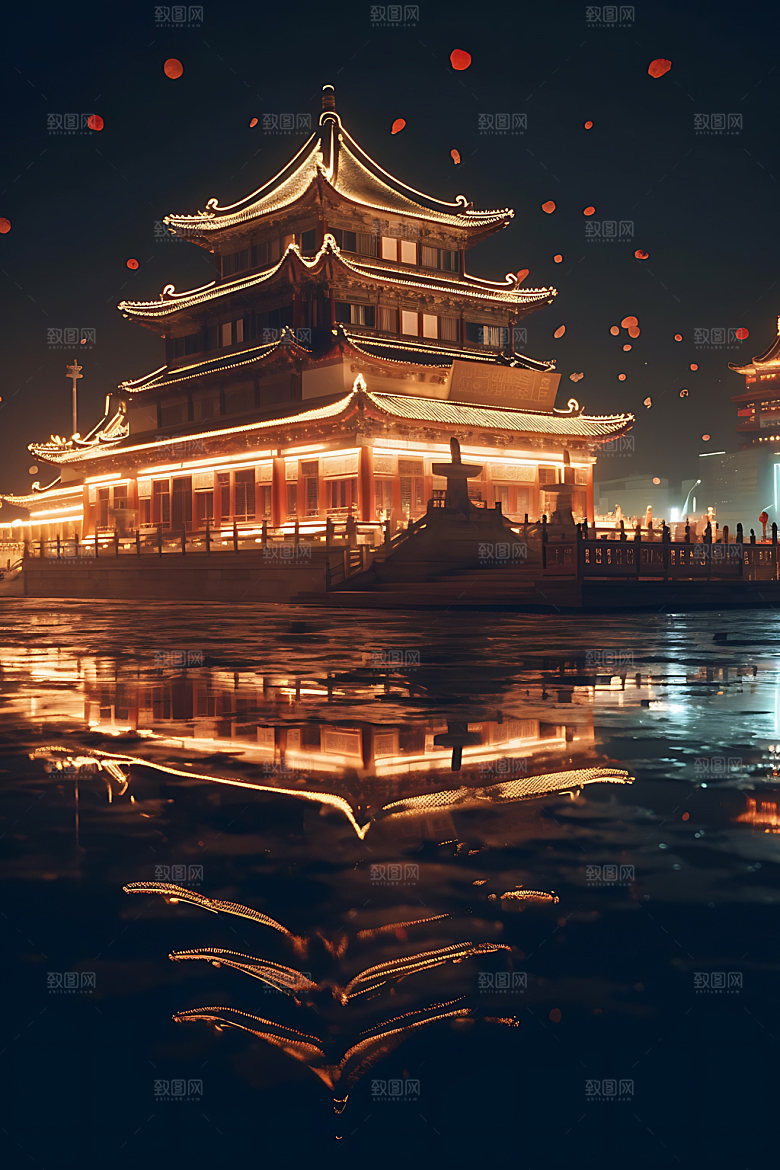 古风建筑夜景中国风原画