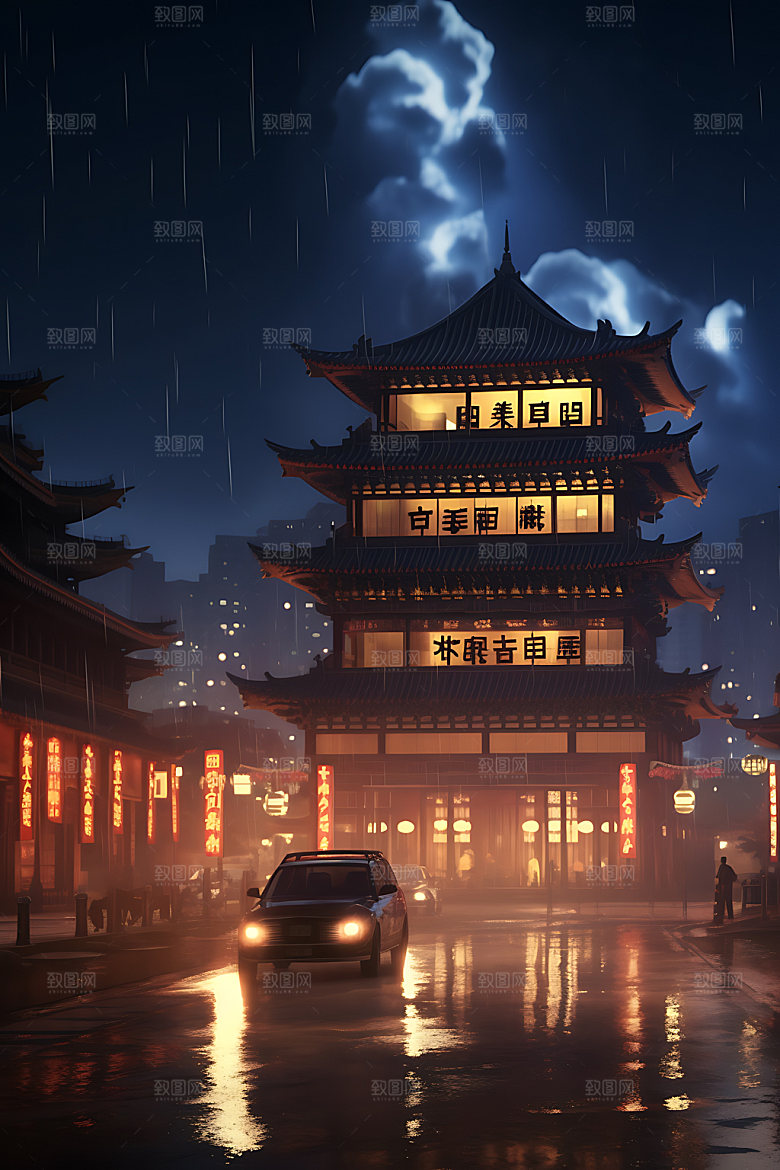 古风建筑场景不夜城原画