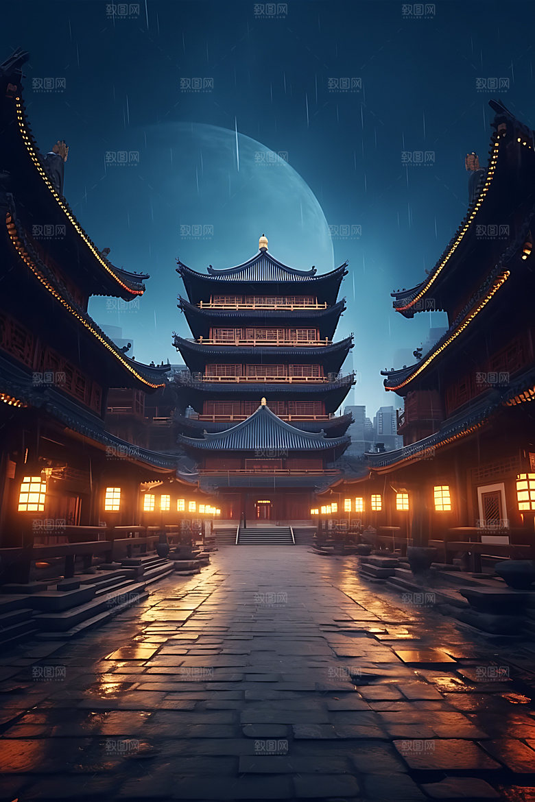 古风建筑赛博朋克中国风原画