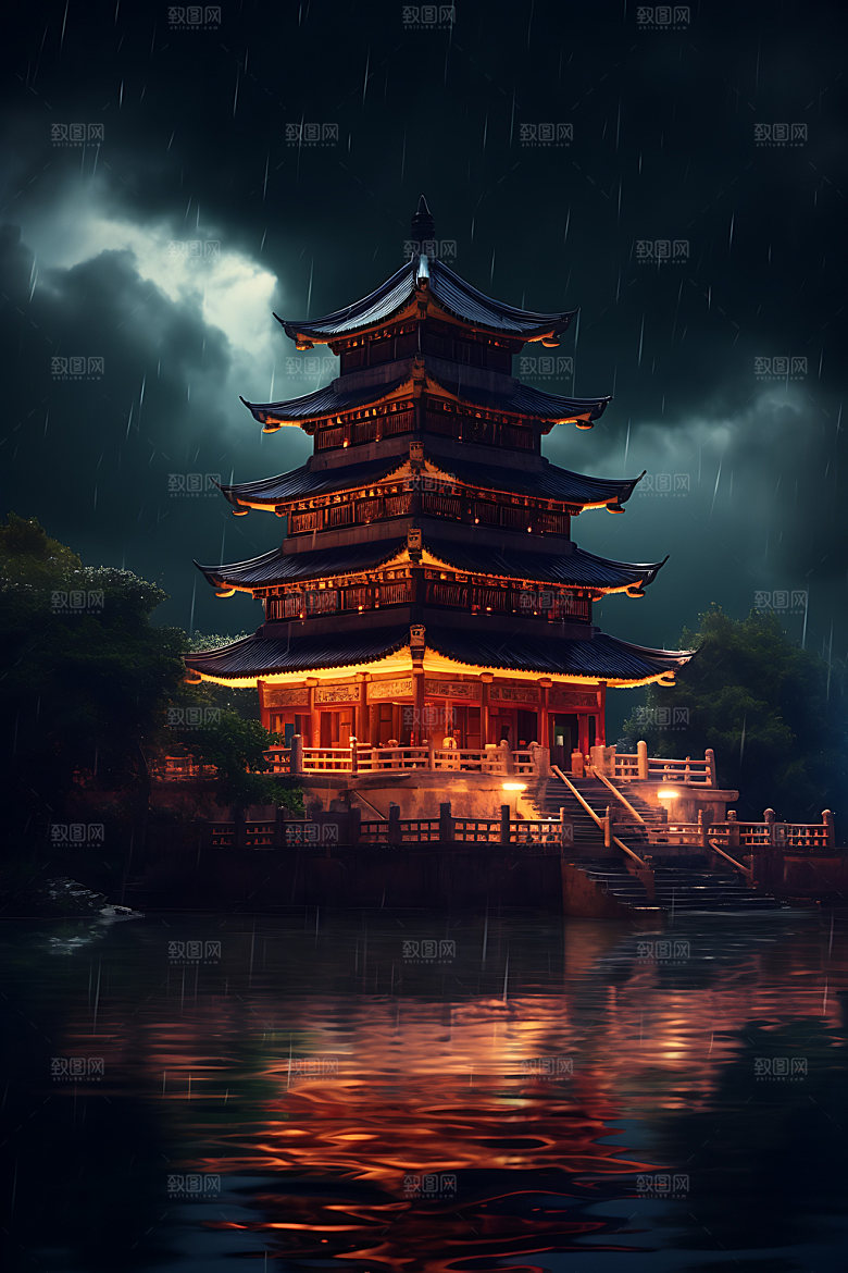 古风建筑赛博朋克不夜城原画