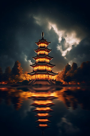 古风建筑夜景中国风原画