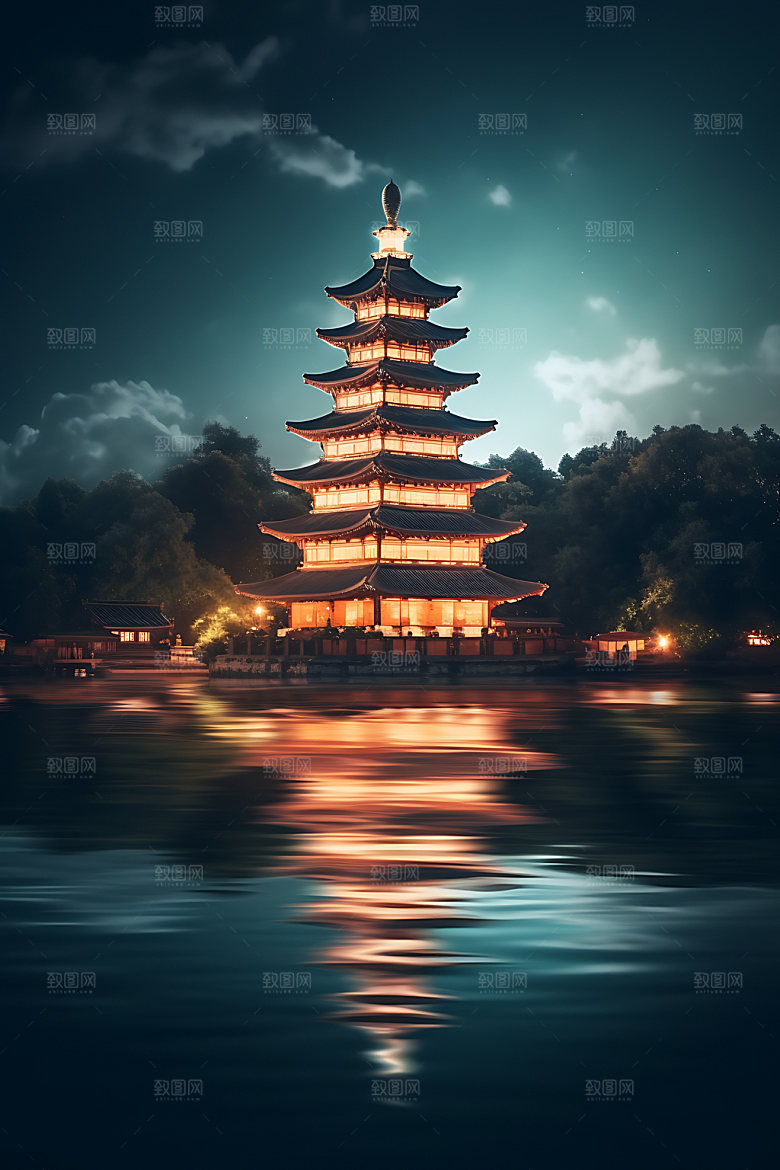 古风建筑夜景不夜城原画