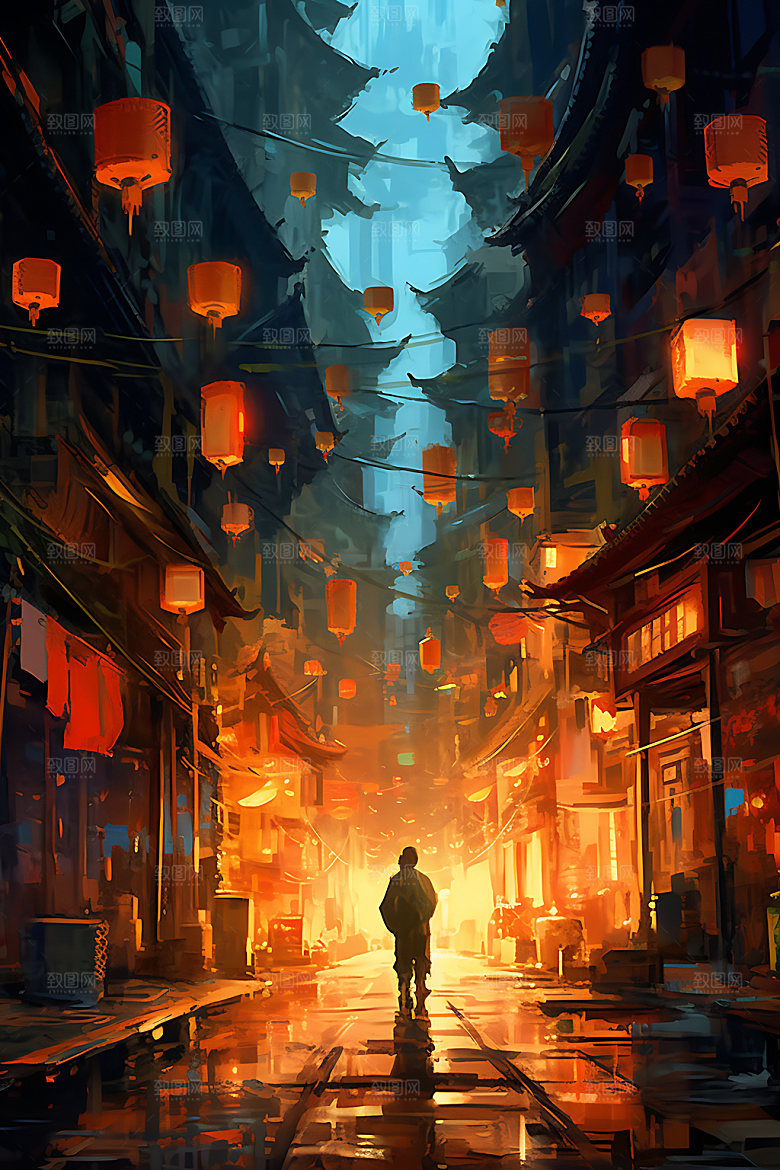 古风建筑不夜城古城原画