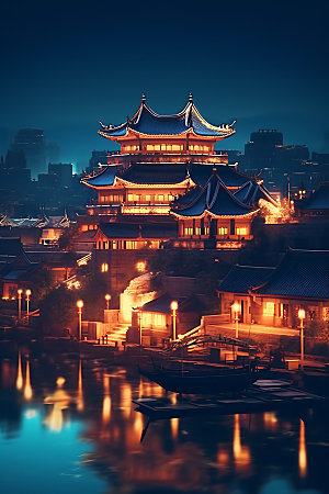 古风建筑赛博朋克中国风原画