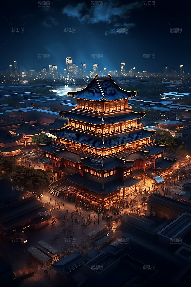 古风建筑不夜城古城原画