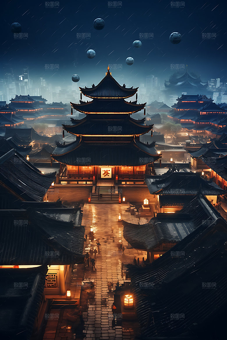 古风建筑游戏不夜城原画