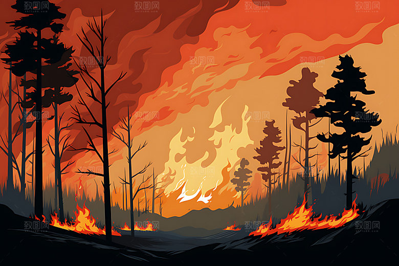 森林大火山火自然灾害插画