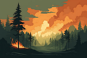 森林大火山火自然灾害插画