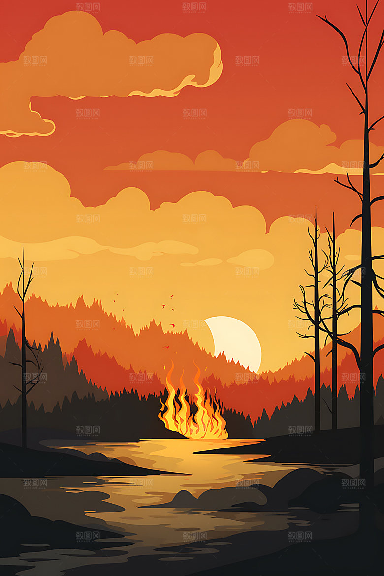 森林大火山火火灾插画