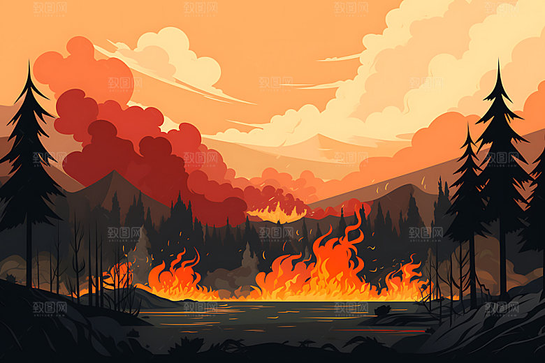 森林大火火灾山火插画
