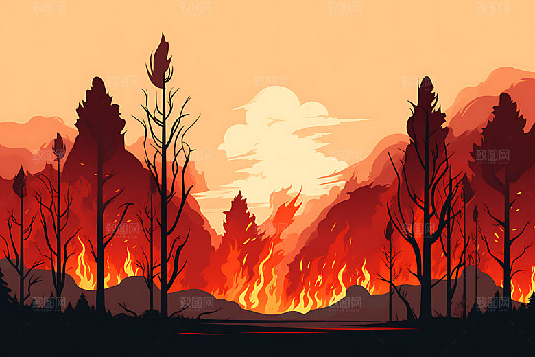 森林大火山火灾难插画