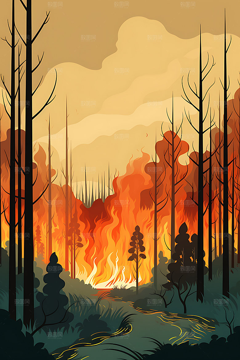 森林大火山火扁平风插画