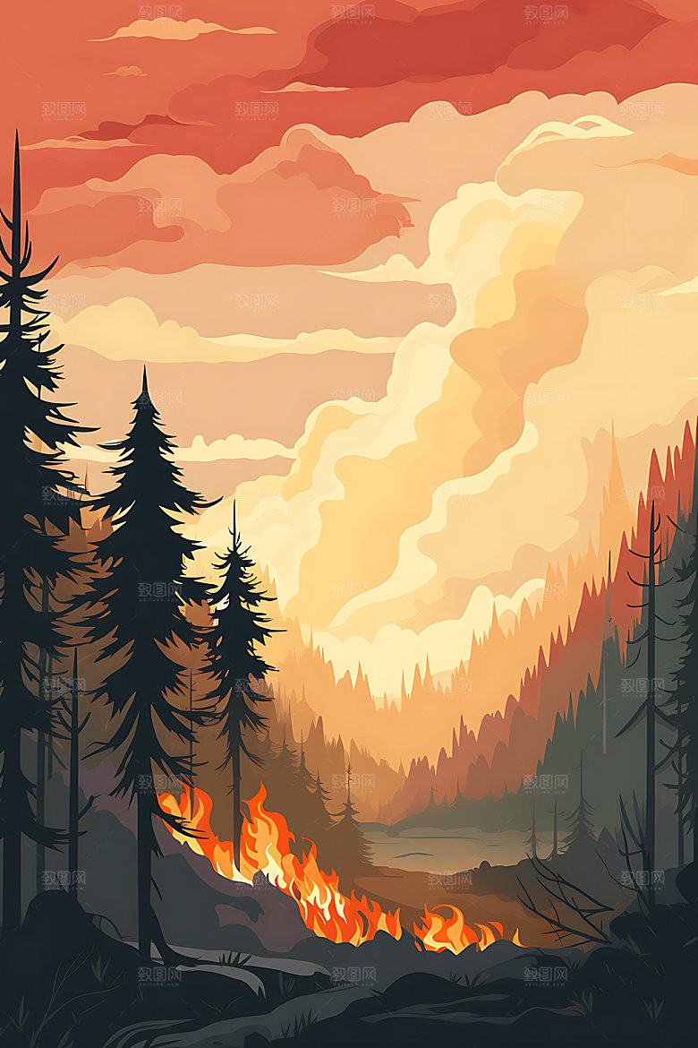 森林大火山火火灾插画