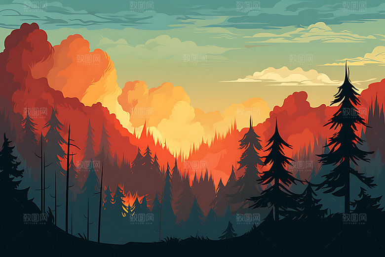 森林大火山火自然灾害插画