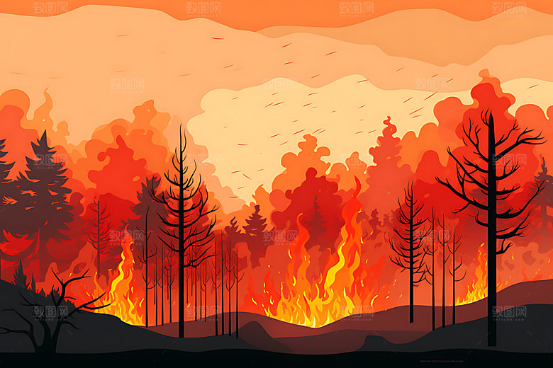森林大火山火火灾插画