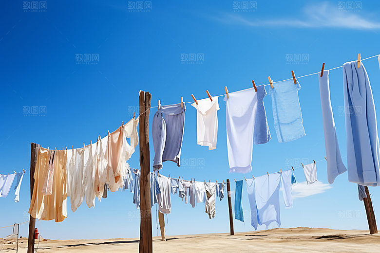 晒衣服清新晾晒摄影图