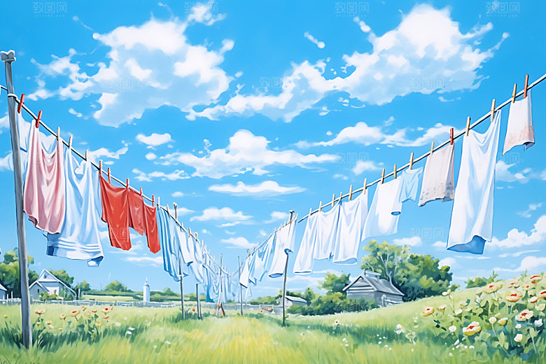 晒衣服晾晒生活场景摄影图