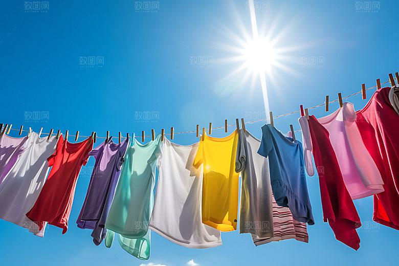 晒衣服晴天清新摄影图