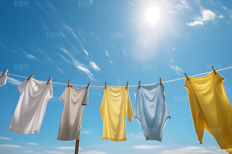 晒衣服晴天清新摄影图