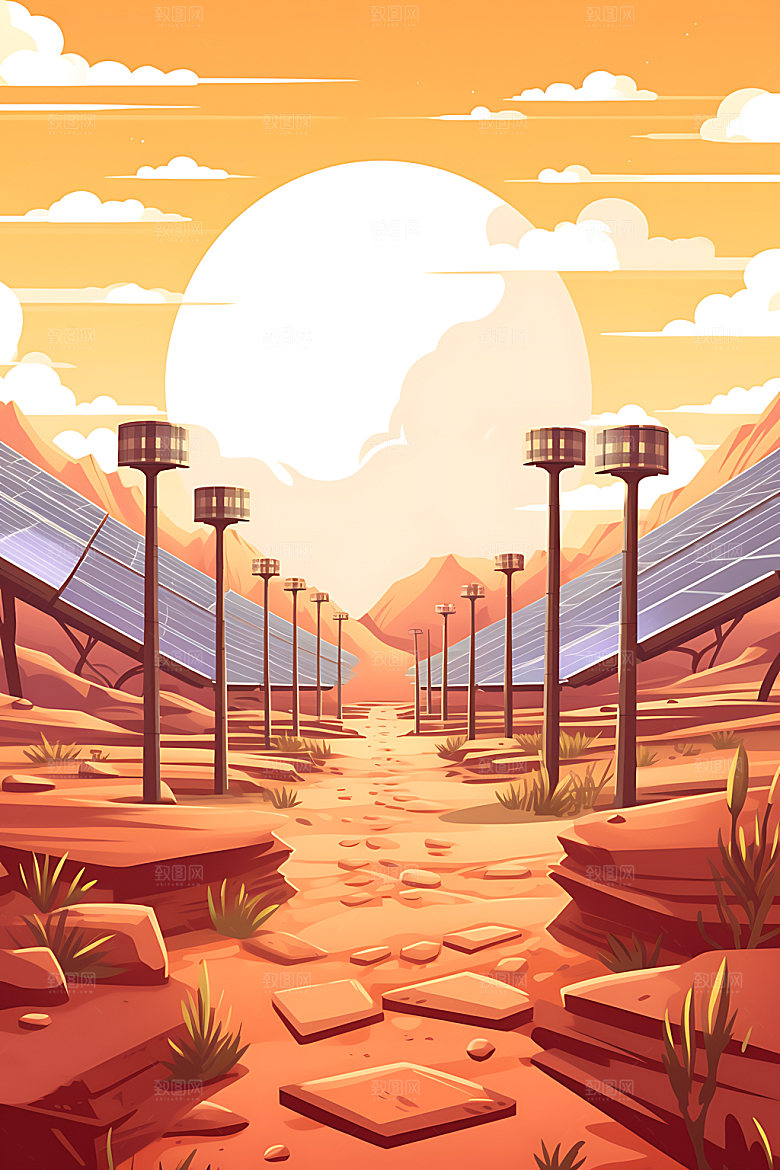 太阳能发电太阳能光板光伏发电扁平风插画
