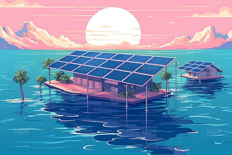 太阳能发电清洁能源太阳能光板扁平风插画