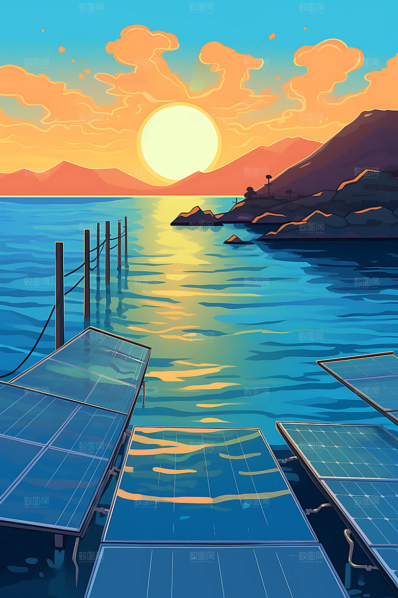 太阳能发电环保太阳能光板扁平风插画
