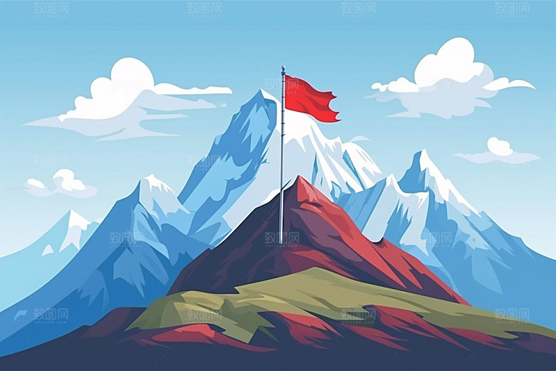 山顶红旗插画团队元素