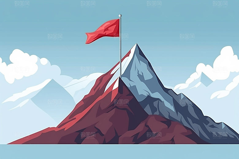 山顶红旗插画目标元素