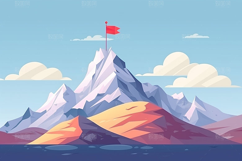 山顶红旗登山插画元素