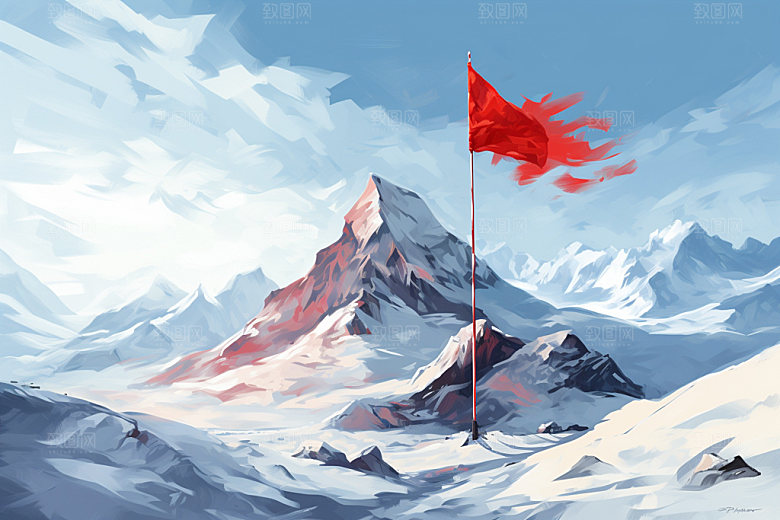 山顶红旗目标插画元素