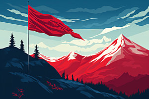 山顶红旗活动插画元素