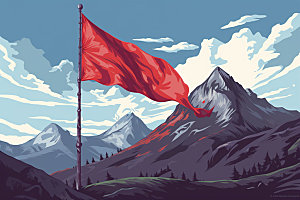 山顶红旗目标插画元素