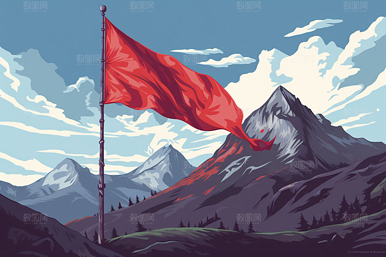 山顶红旗目标插画元素