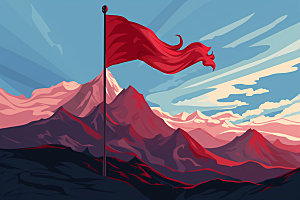 山顶红旗插画登高元素