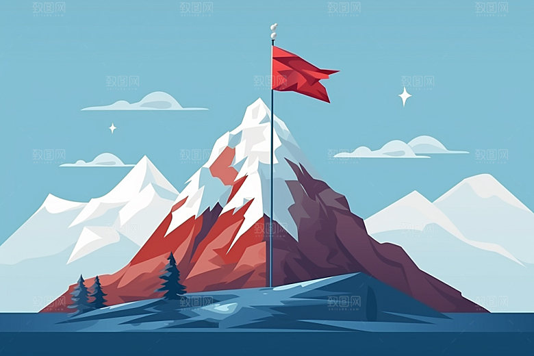 山顶红旗插画登高元素