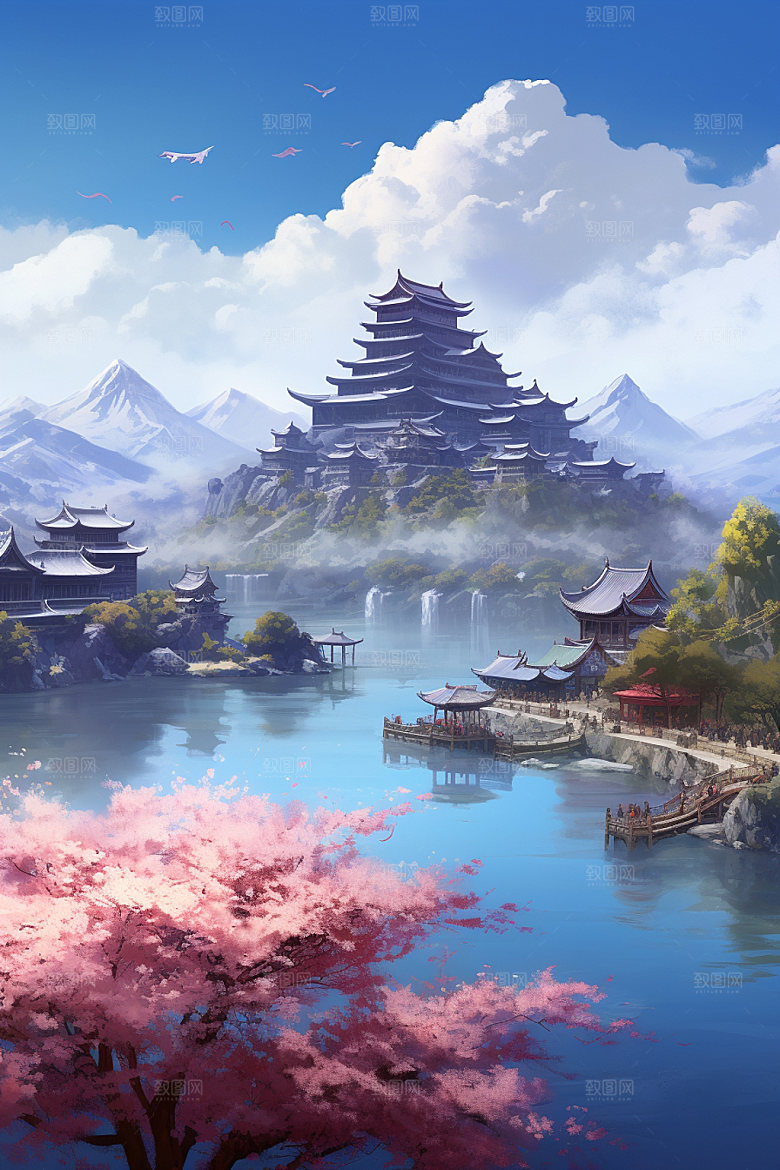山水风光仙境唯美插画