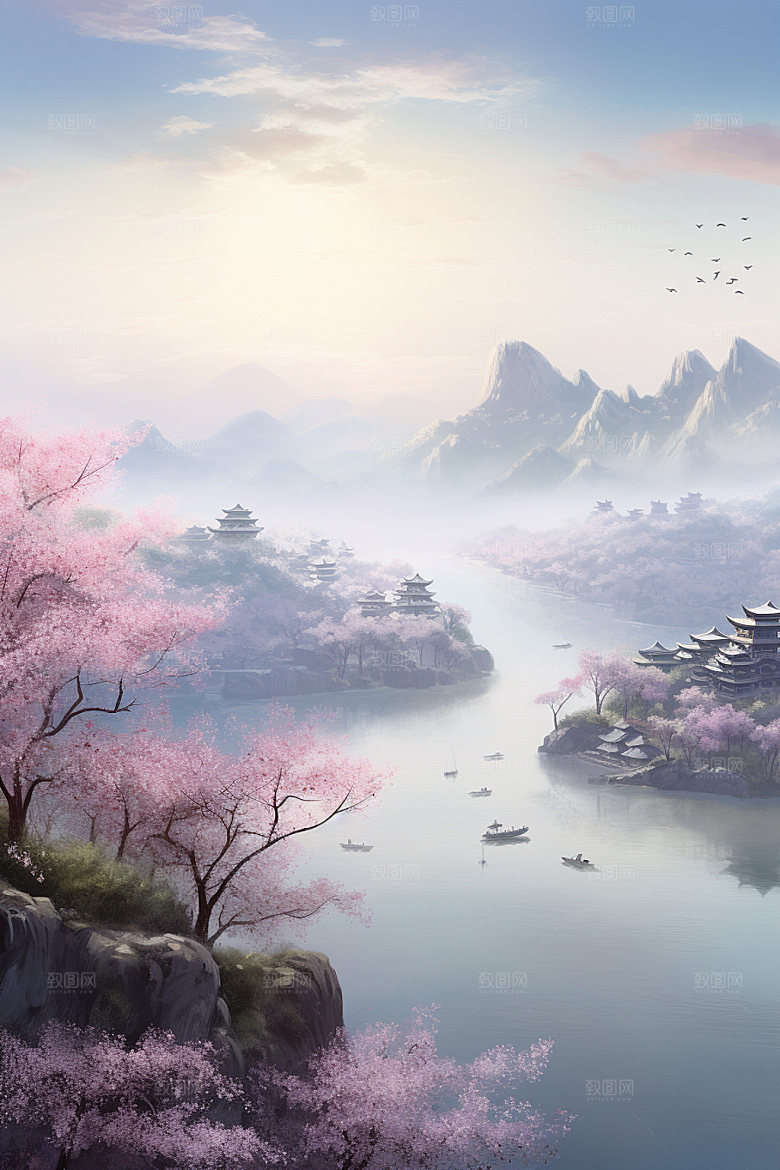 山水风光中式室外桃园插画