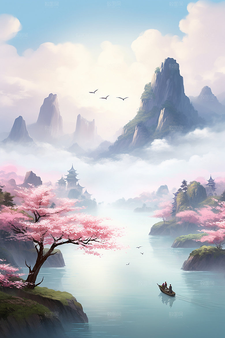 山水风光室外桃园唯美插画